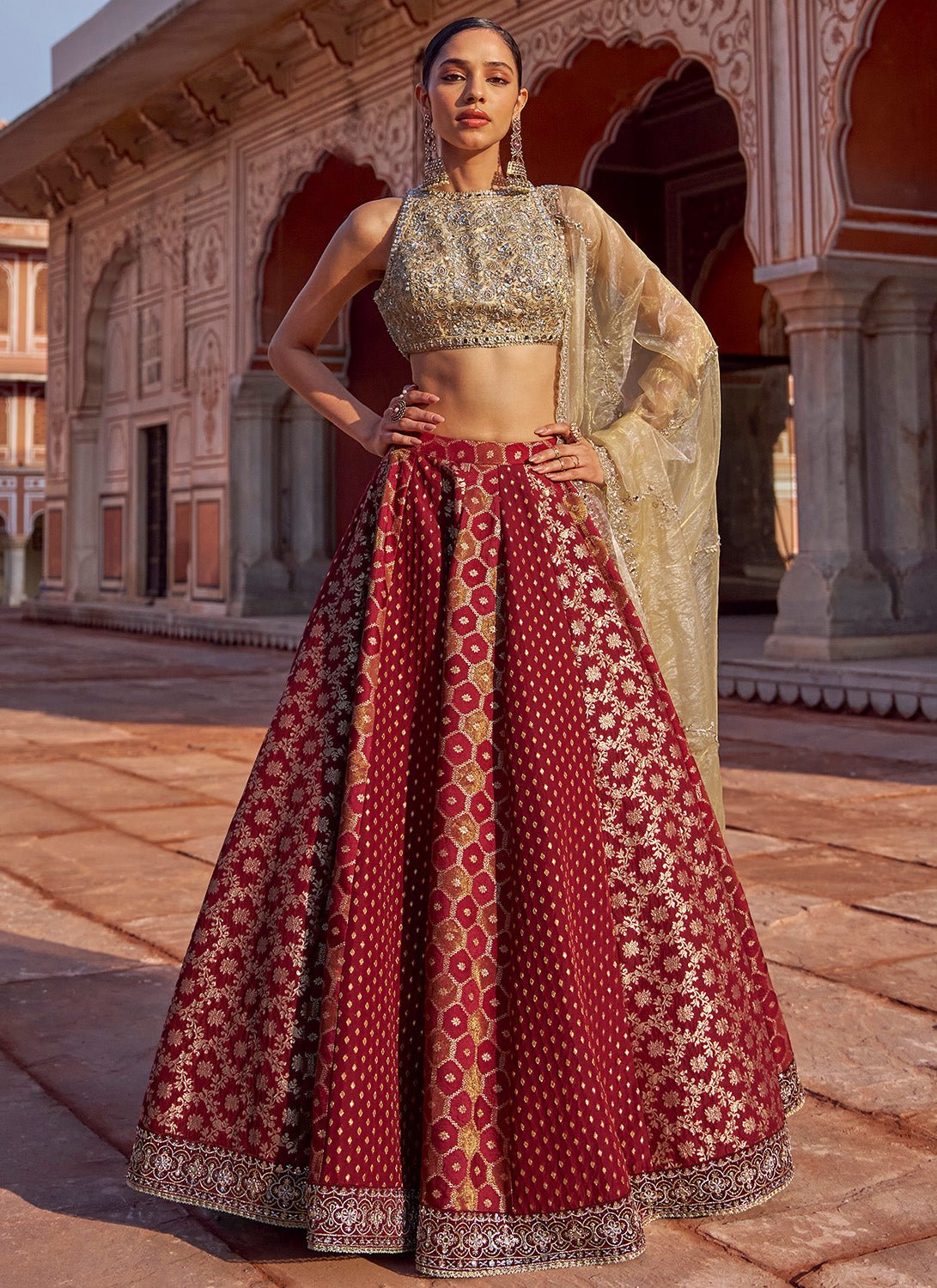 Maroon and Gold Embroidered Tissue Lehenga - Lashkaraa