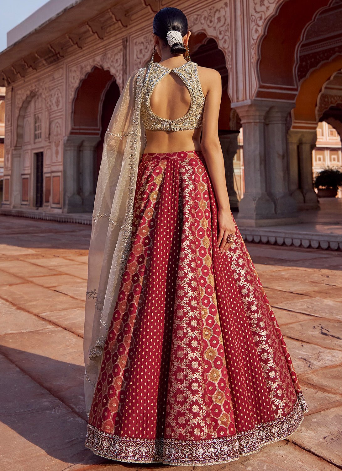 Maroon and Gold Embroidered Tissue Lehenga - Lashkaraa