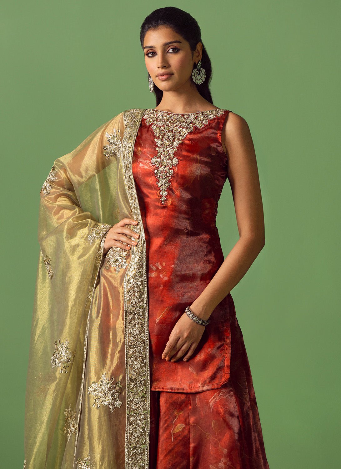 Maroon and Green Embroidered Organza Sharara - Lashkaraa