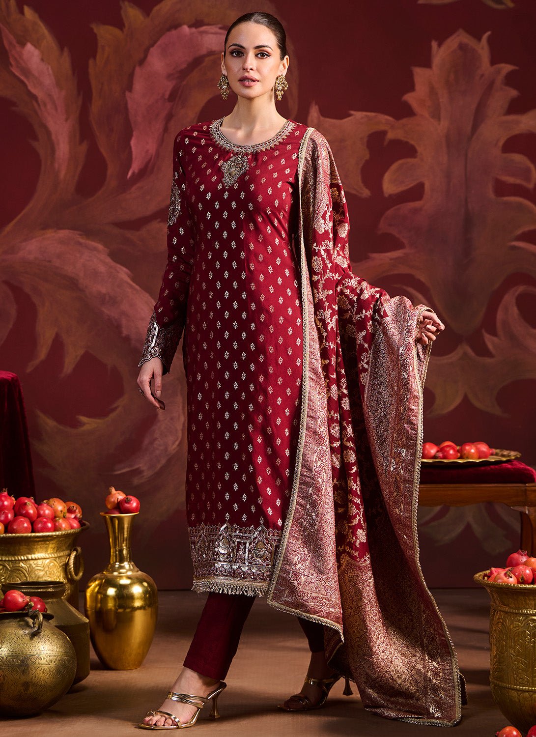 Maroon Embroidered Brocade Pant Suit - Lashkaraa