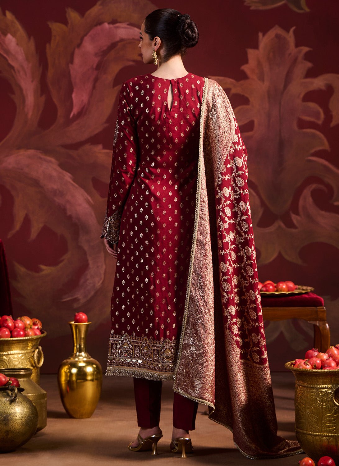Maroon Embroidered Brocade Pant Suit - Lashkaraa