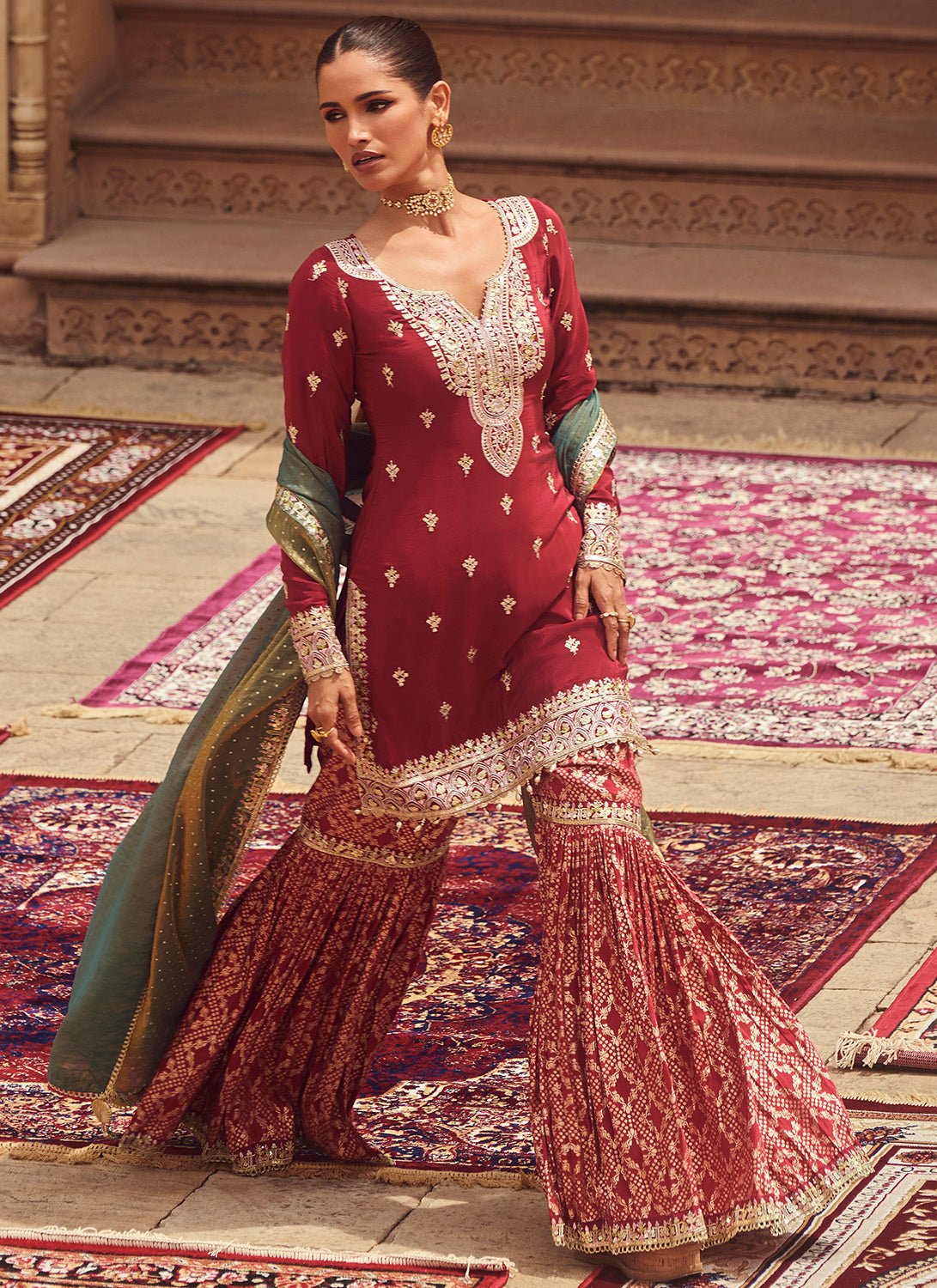 Maroon Embroidered Crepe Gharara Suit - Lashkaraa