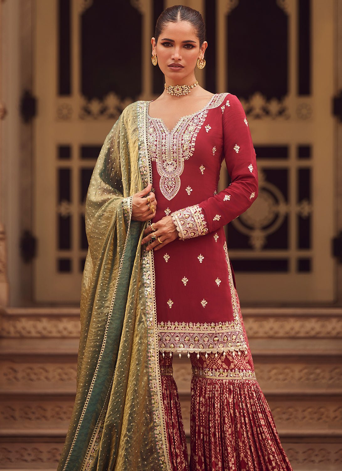 Maroon Embroidered Crepe Gharara Suit - Lashkaraa