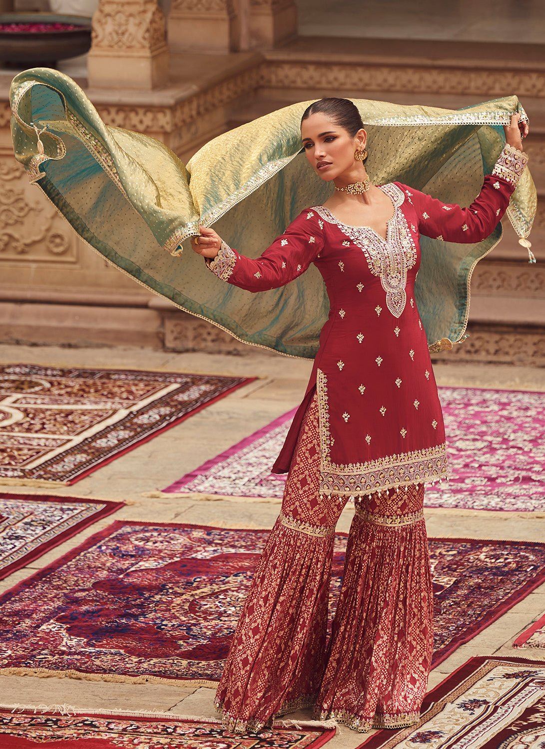 Maroon Embroidered Crepe Gharara Suit - Lashkaraa