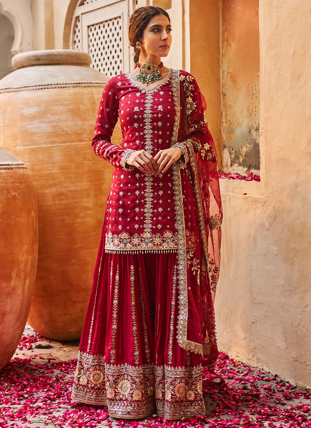 Maroon Embroidered Sharara Suit - Lashkaraa
