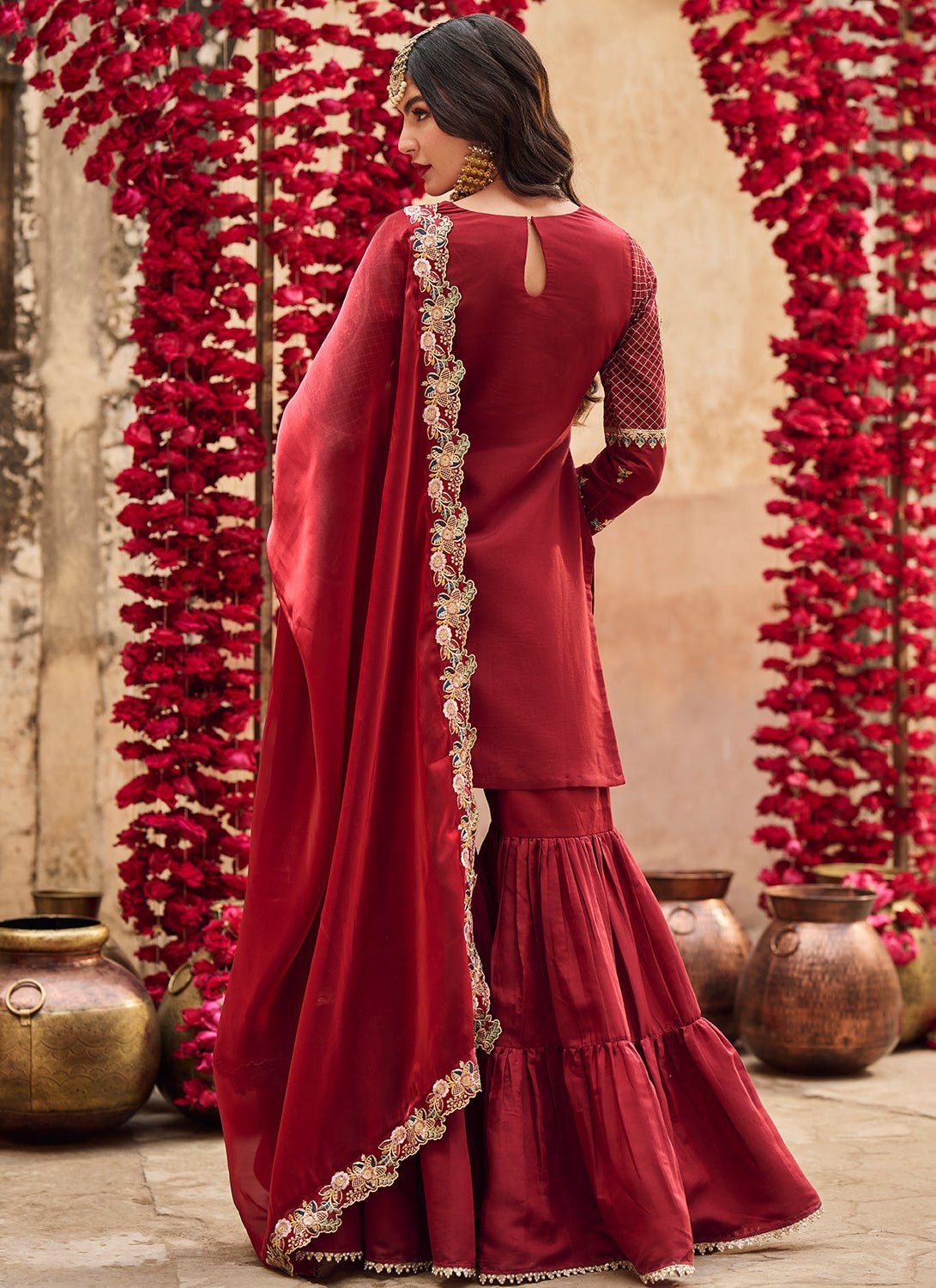 Maroon Embroidered Silk Gharara Suit - Lashkaraa