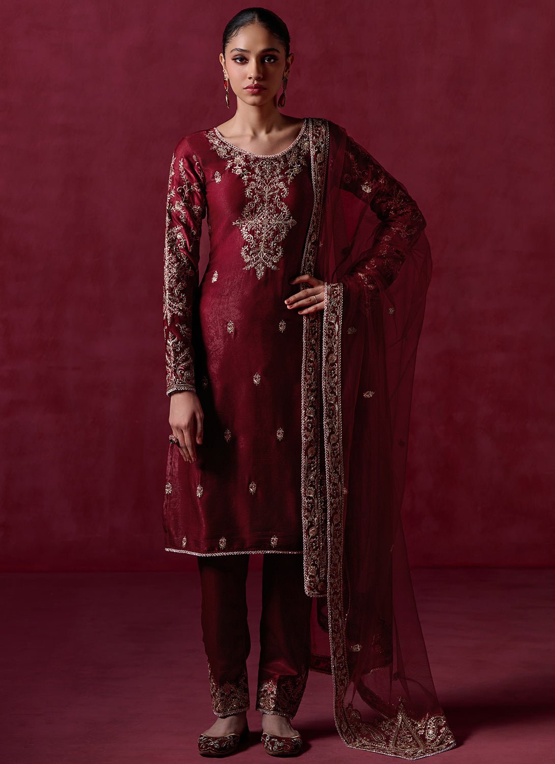 Maroon Embroidered Silk Straight Suit - Lashkaraa