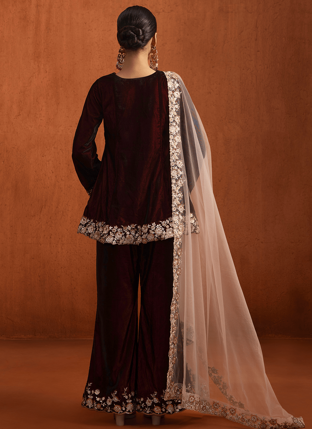 Maroon Embroidered Velvet Pant Suit - Lashkaraa