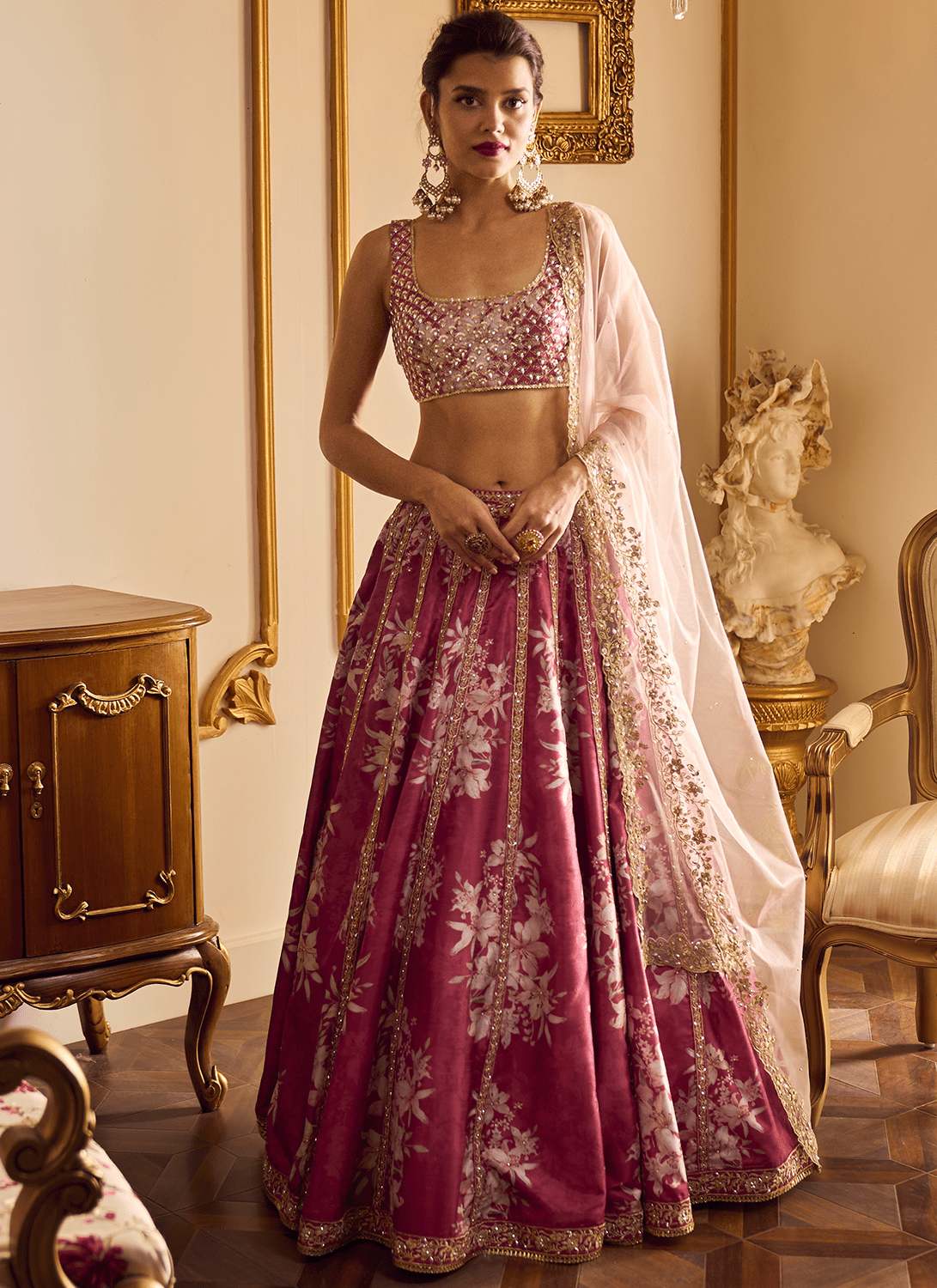 Maroon Floral Printed Lehenga - Lashkaraa