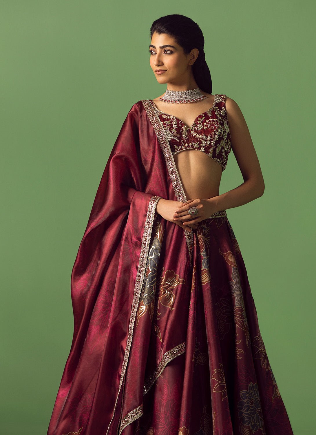 Maroon Floral Printed Organza Lehenga - Lashkaraa