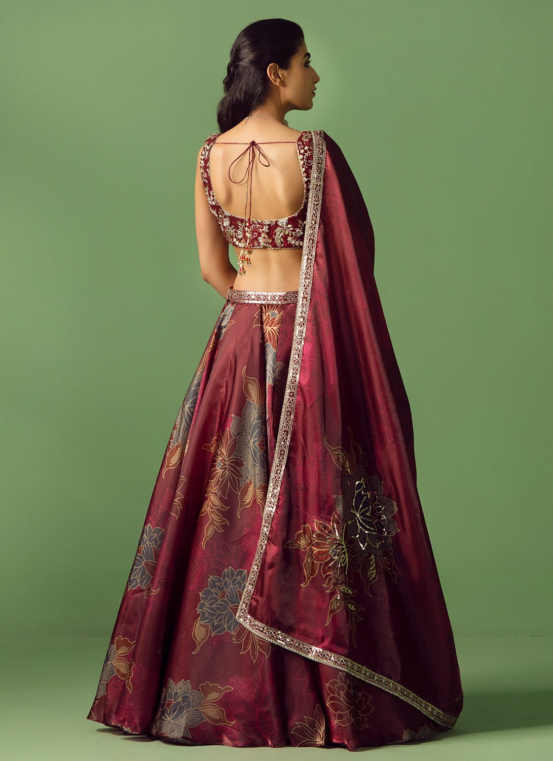 Maroon Floral Printed Organza Lehenga - Lashkaraa