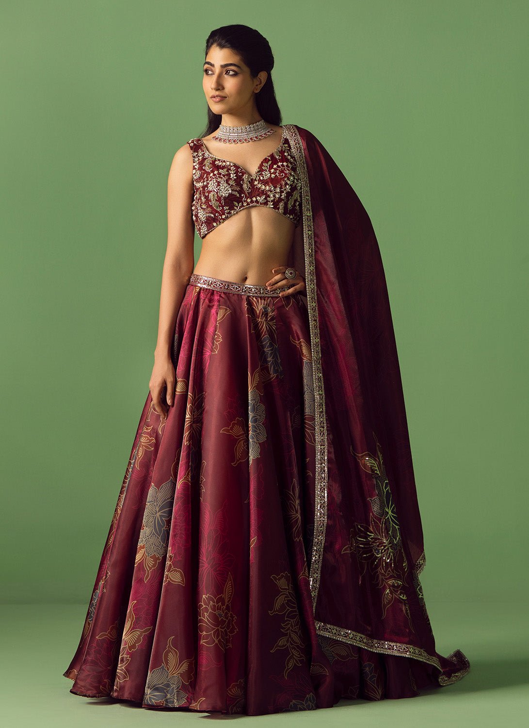 Maroon Floral Printed Organza Lehenga - Lashkaraa