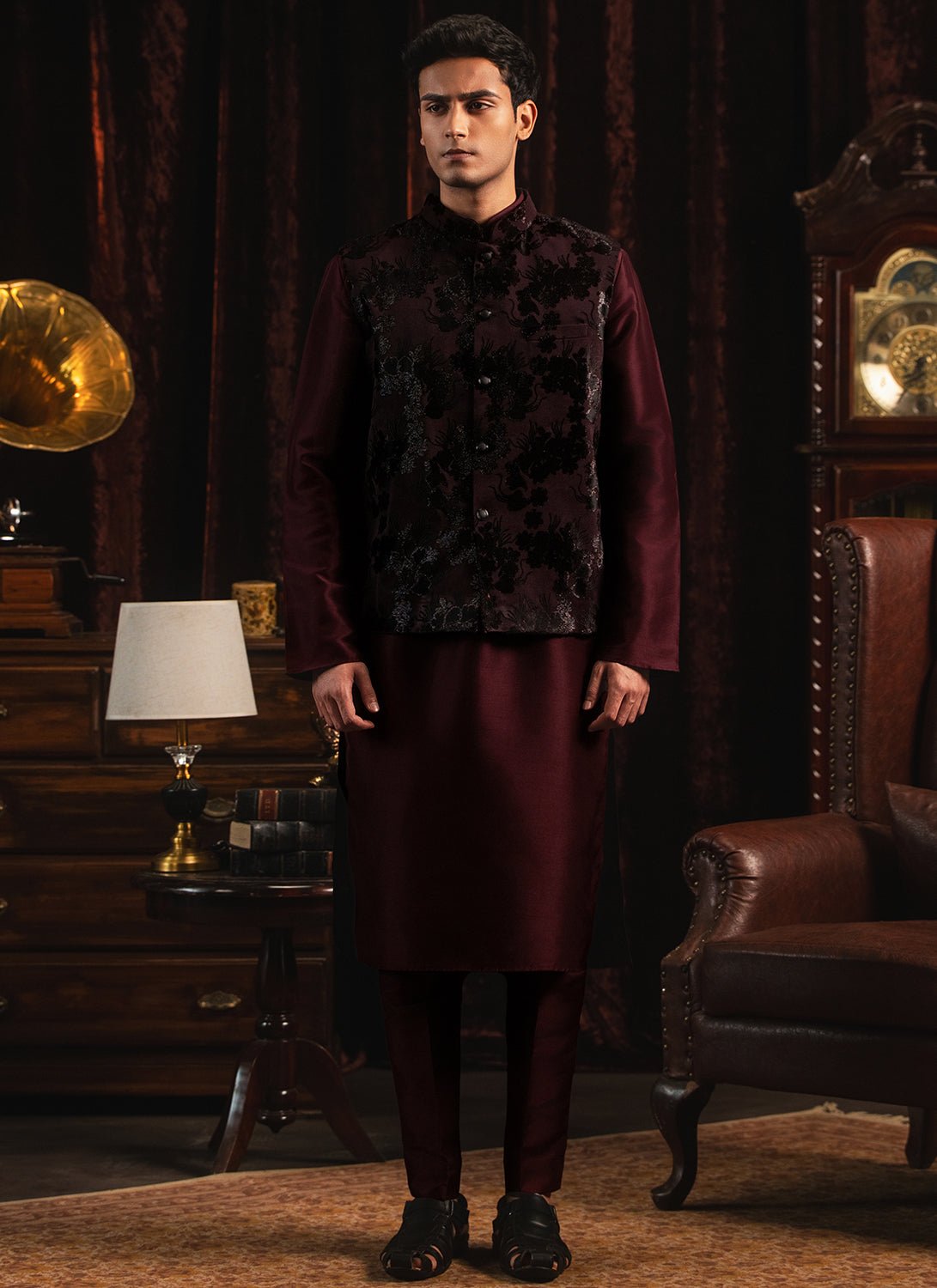 Maroon Silk Nehru Jacket Set - Lashkaraa
