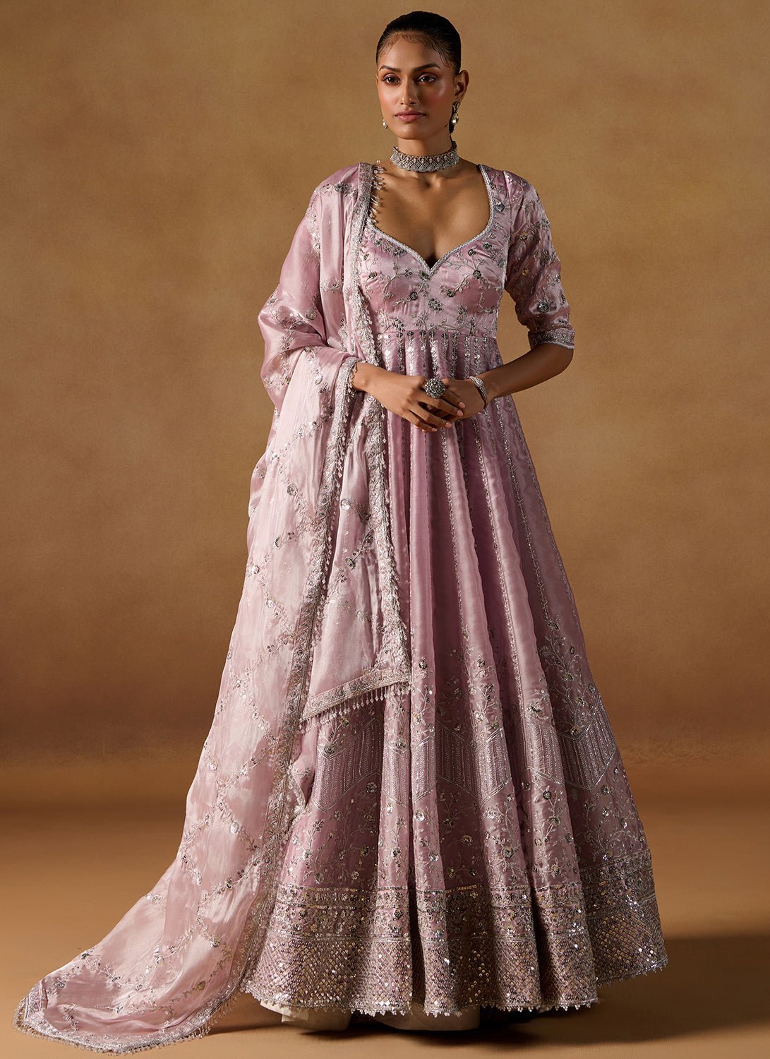 Mauve Embroidered Tissue Anarkali - Lashkaraa