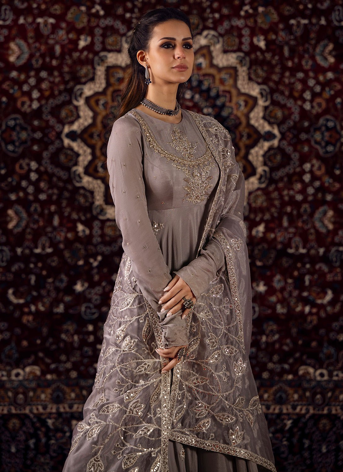 Mauve Grey Embroidered Crepe Anarkali - Lashkaraa