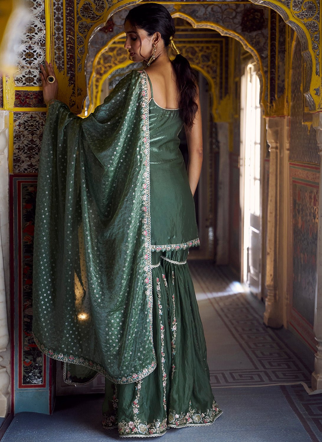 Mehendi Green Embroidered Gharara - Lashkaraa