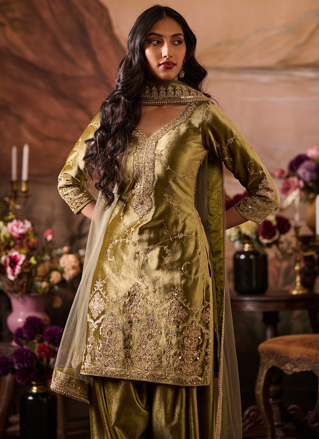 Mehendi Green Embroidered Velvet Punjabi Suit - Lashkaraa