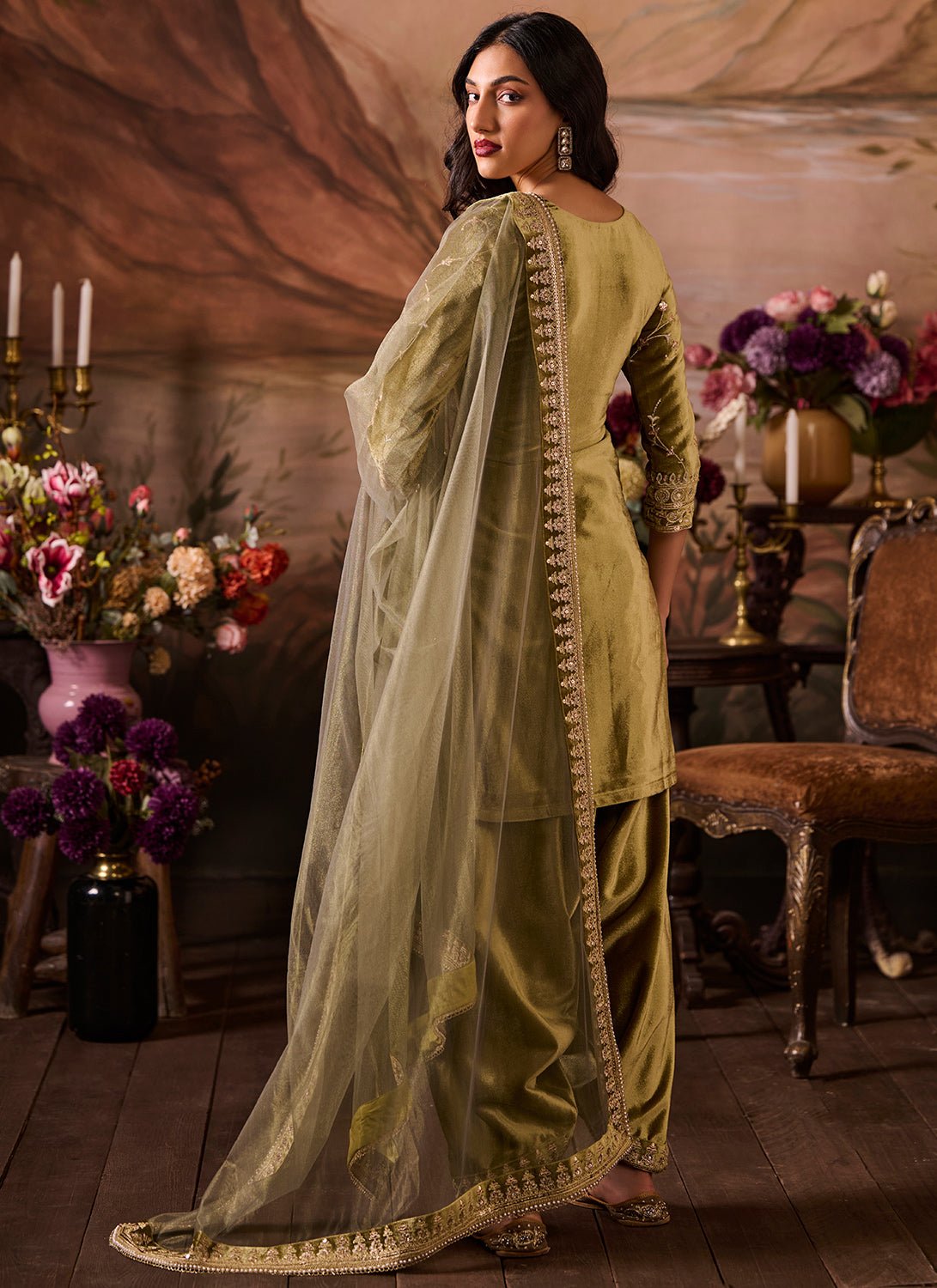 Mehendi Green Embroidered Velvet Punjabi Suit - Lashkaraa