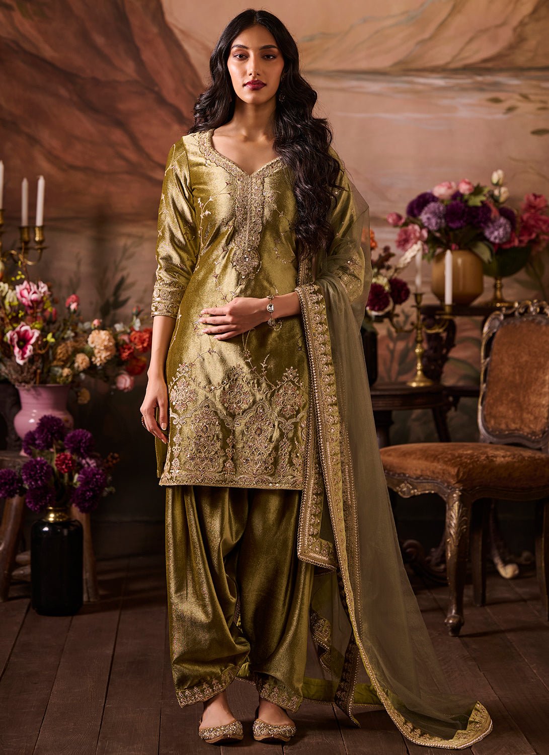 Mehendi Green Embroidered Velvet Punjabi Suit - Lashkaraa