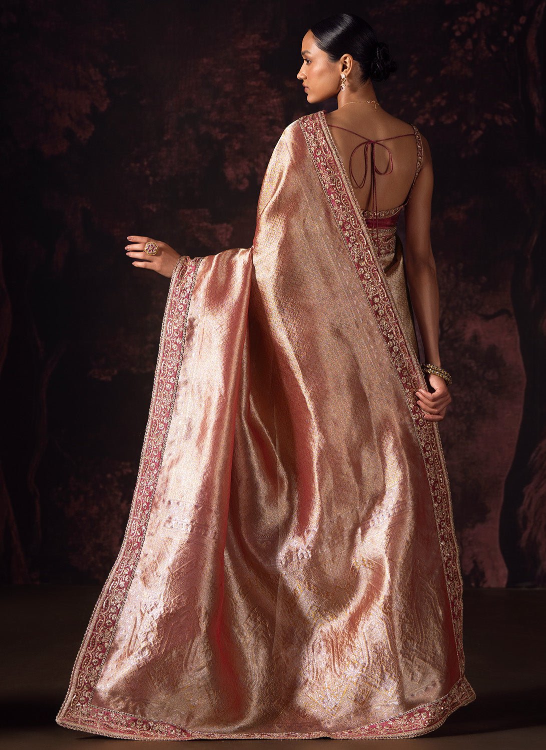 Metallic Rose Pink Embroidered Tissue Saree - Lashkaraa