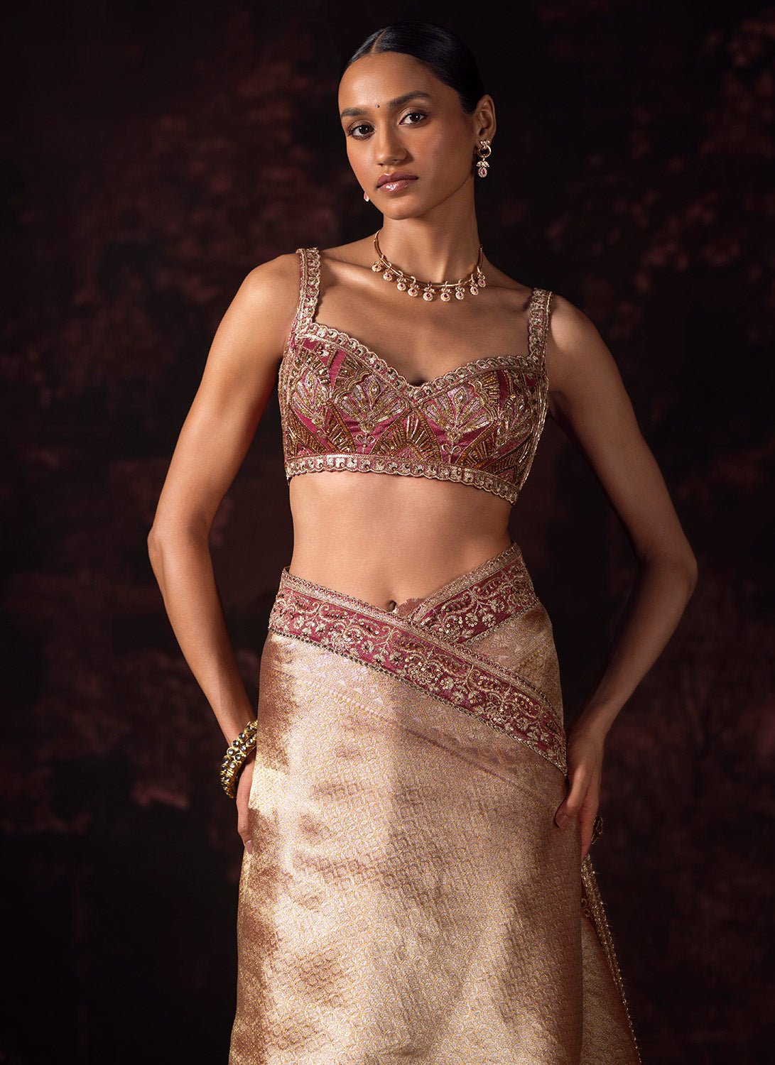Metallic Rose Pink Embroidered Tissue Saree - Lashkaraa