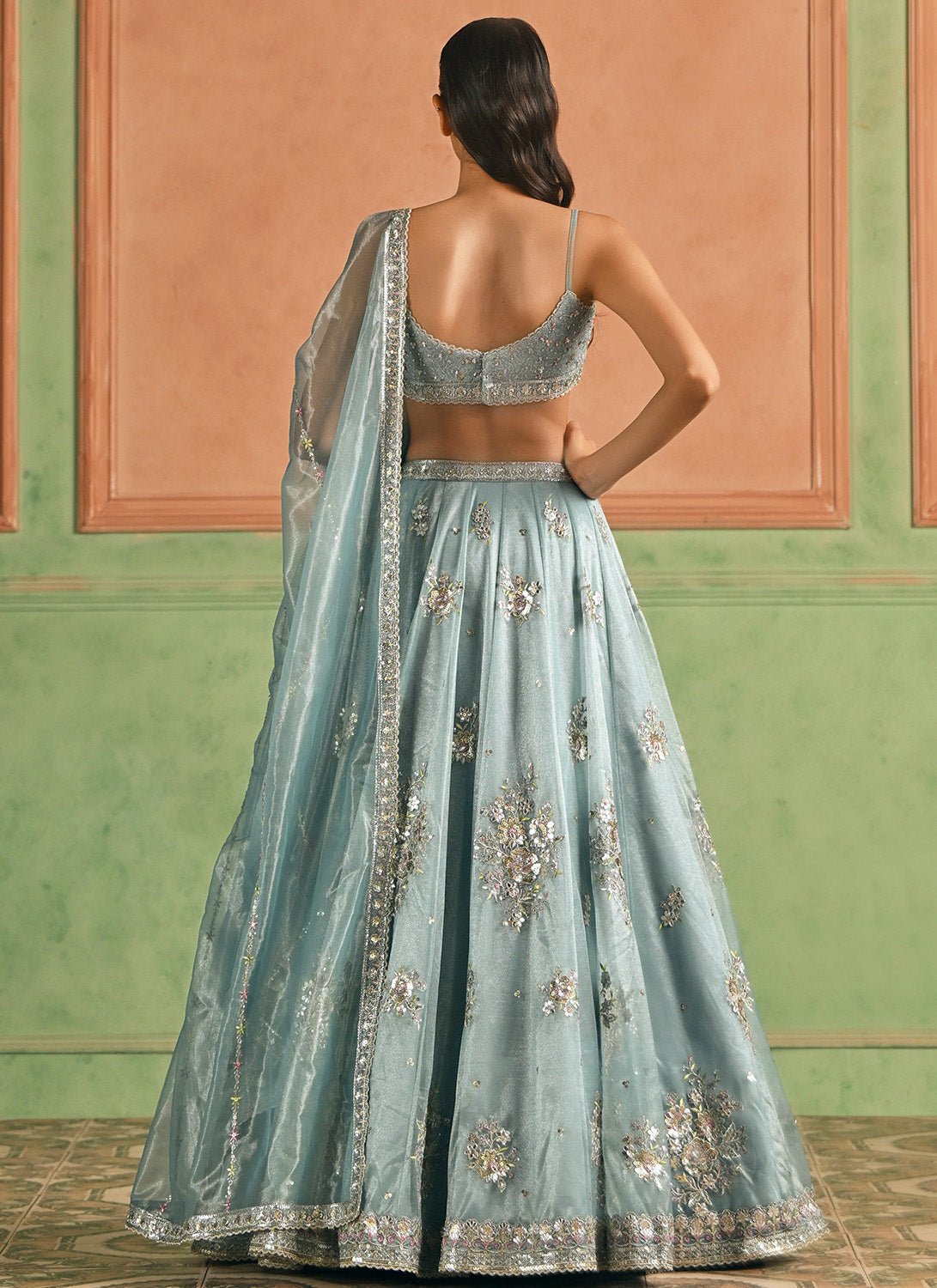 Mint Blue Embroidered Net Lehenga - Lashkaraa