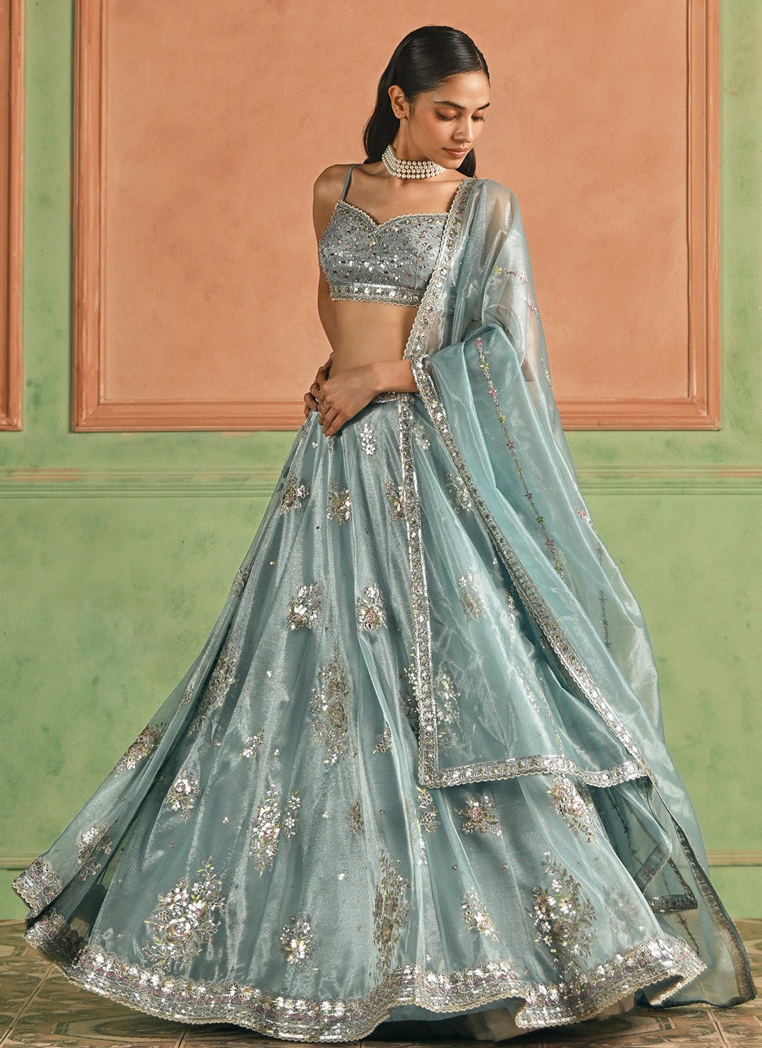 Mint Blue Embroidered Net Lehenga - Lashkaraa