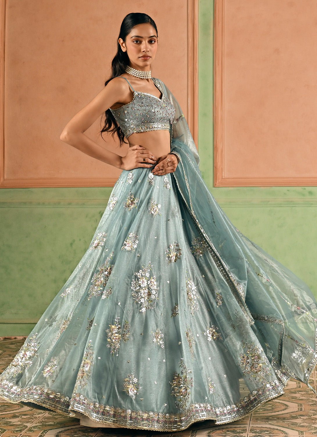 Mint Blue Embroidered Net Lehenga - Lashkaraa