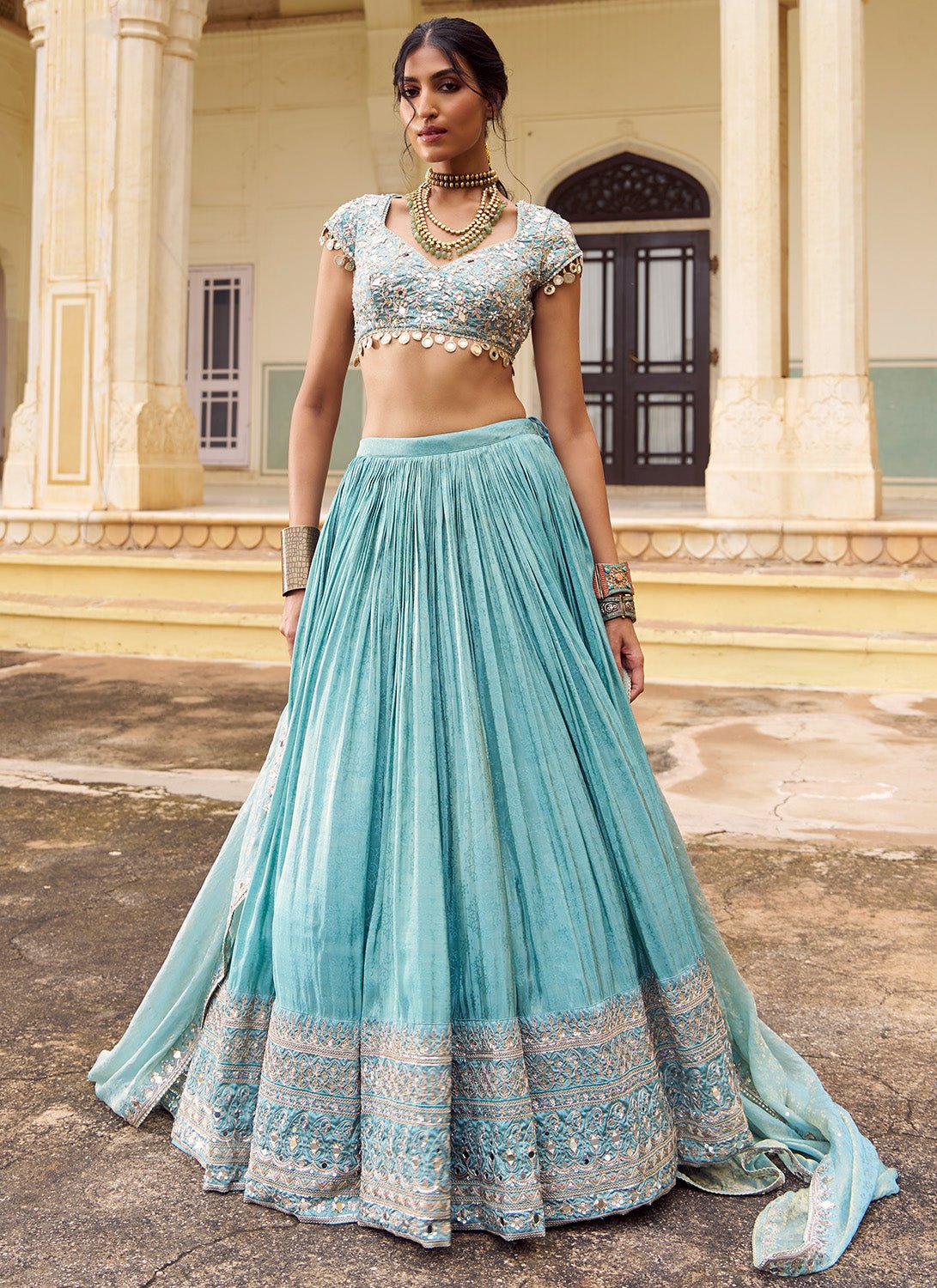 Mint Blue Embroidered Silk Lehenga - Lashkaraa