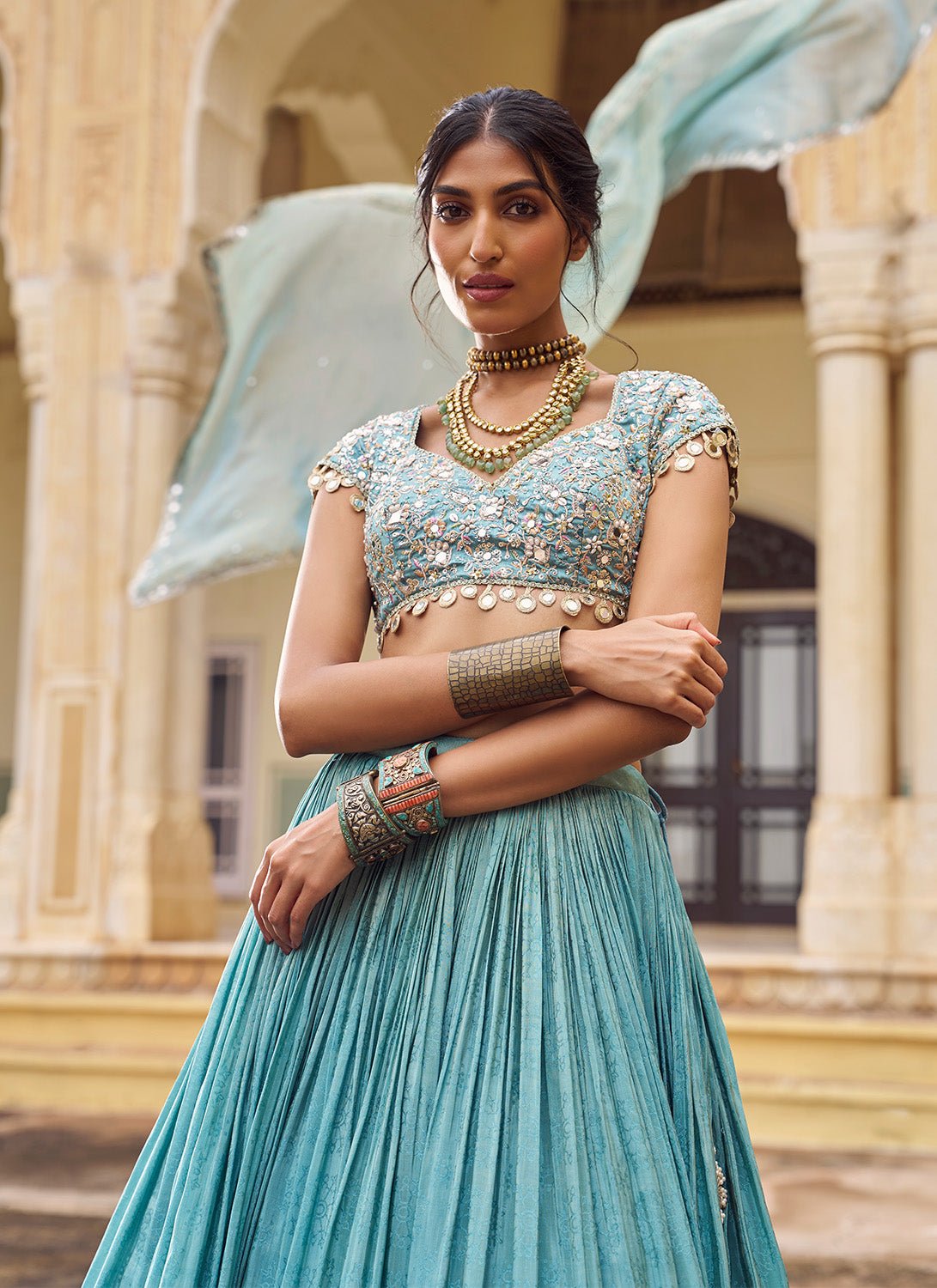 Mint Blue Embroidered Silk Lehenga - Lashkaraa