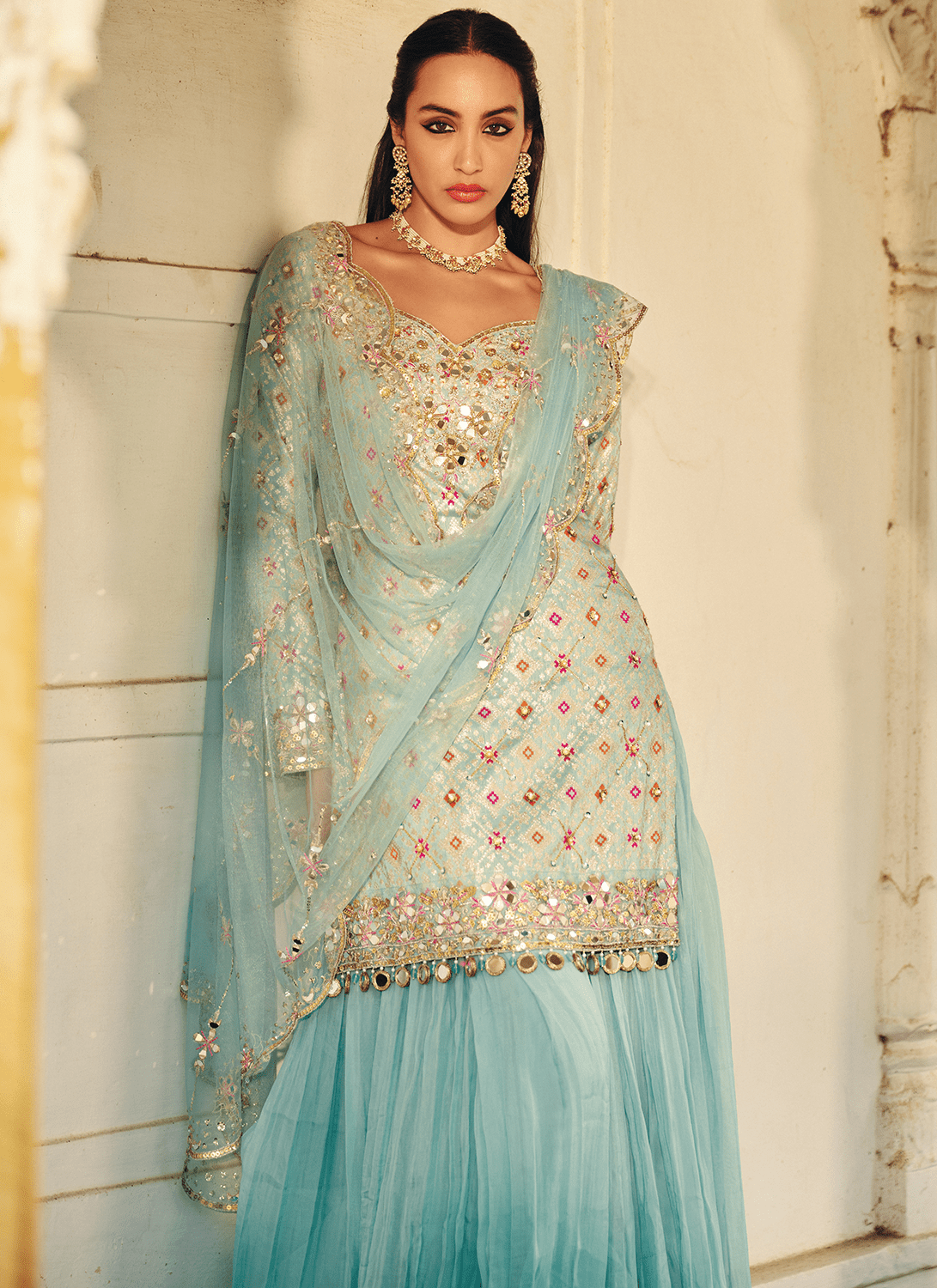 Mint Blue Embroidered Viscose Silk Sharara - Lashkaraa