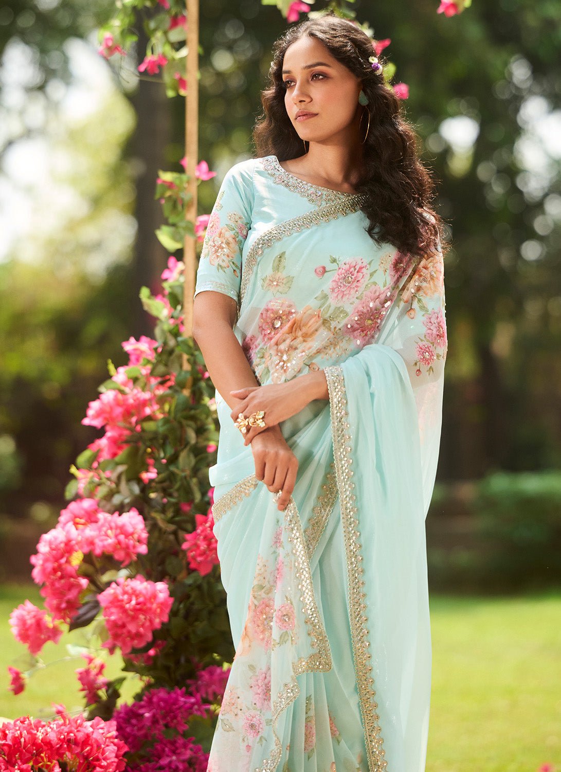 Mint Blue Multicolor Floral Printed Saree - Lashkaraa