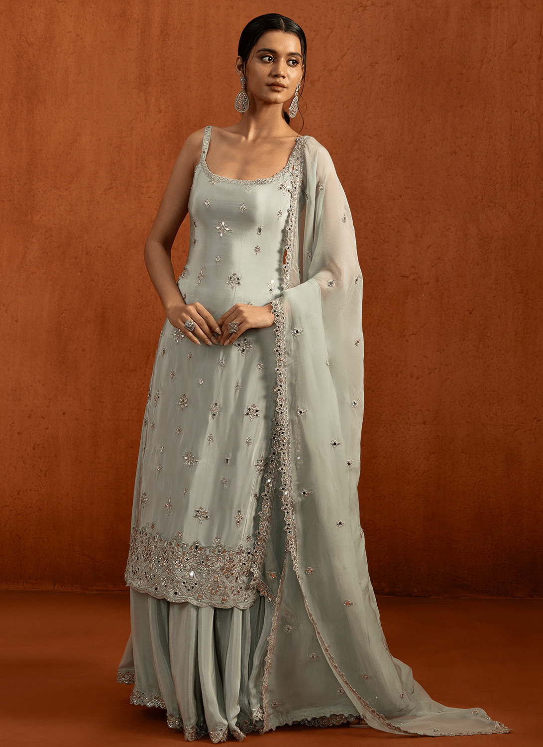 Mint Embroidered Viscose Crepe Sharara Suit - Lashkaraa