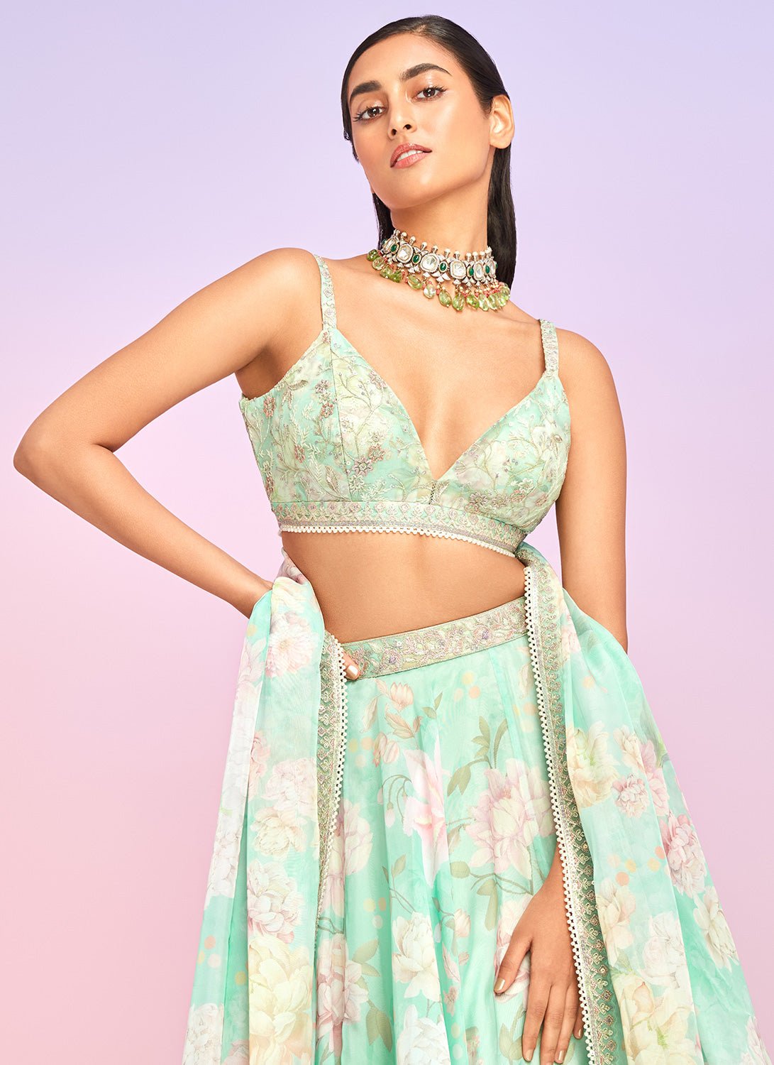 Mint Floral Embellished Lehenga - Lashkaraa