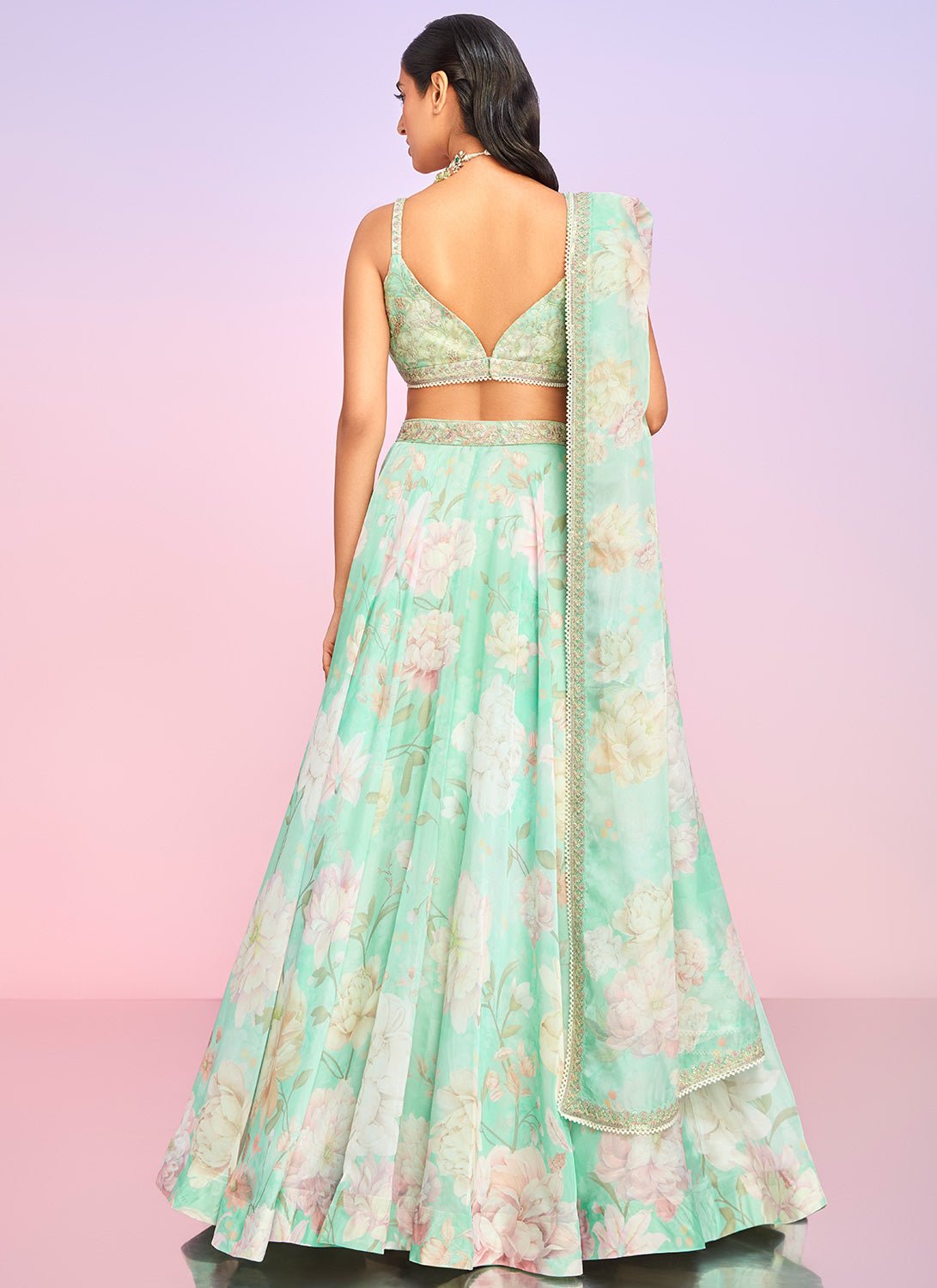 Mint Floral Embellished Lehenga - Lashkaraa