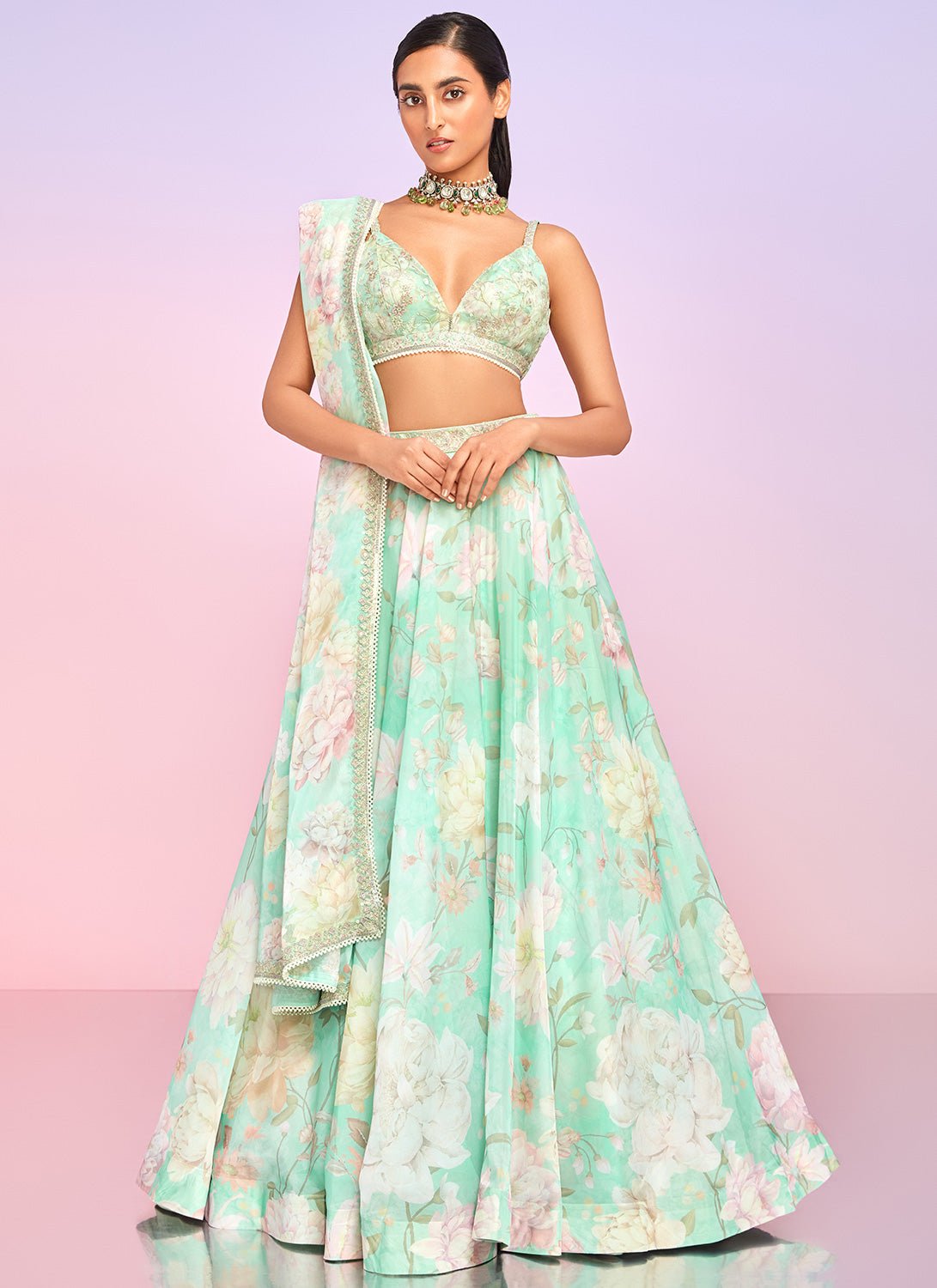 Mint Floral Embellished Lehenga - Lashkaraa