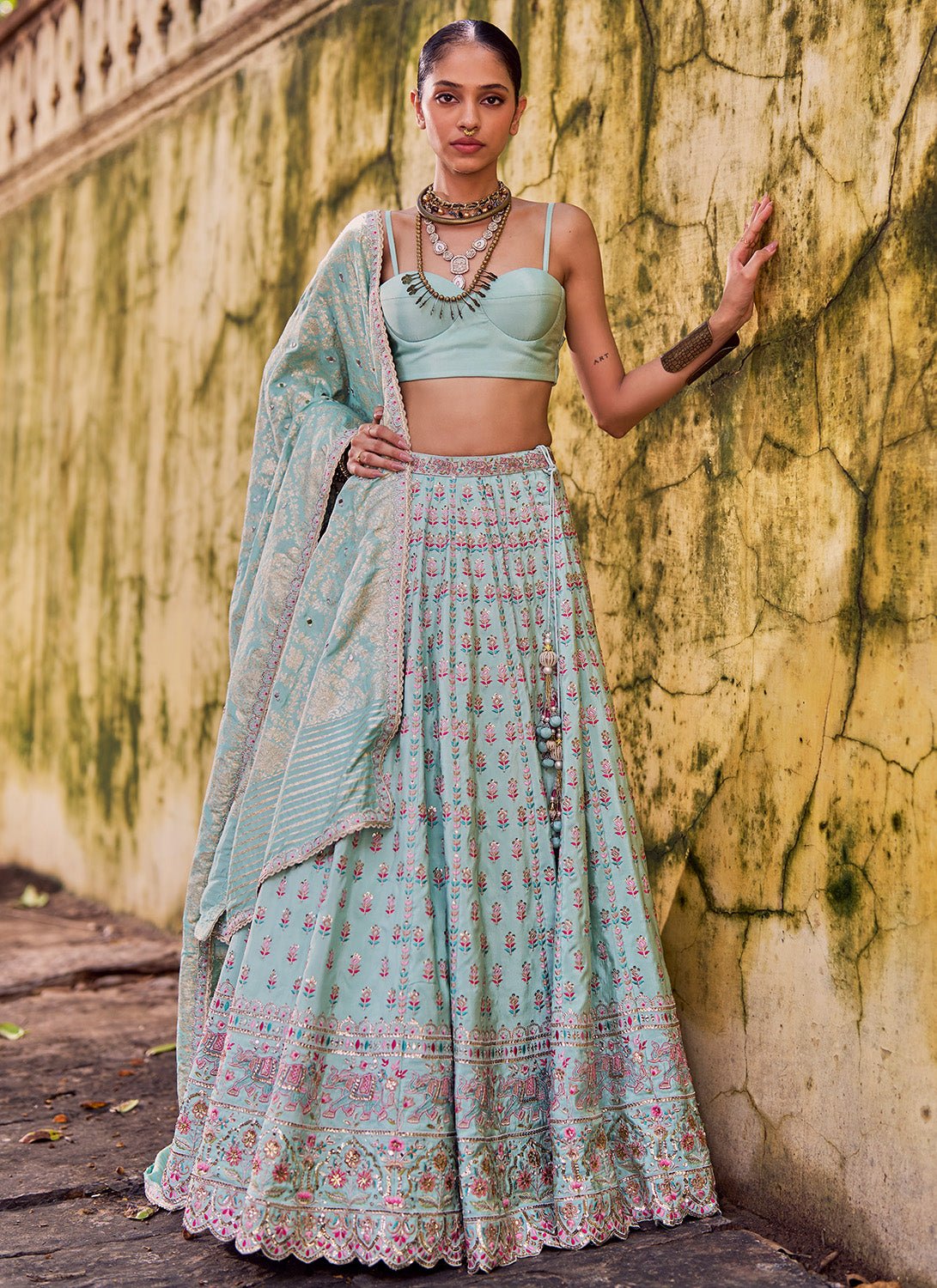 Mint Green Embroidered Lehenga - Lashkaraa