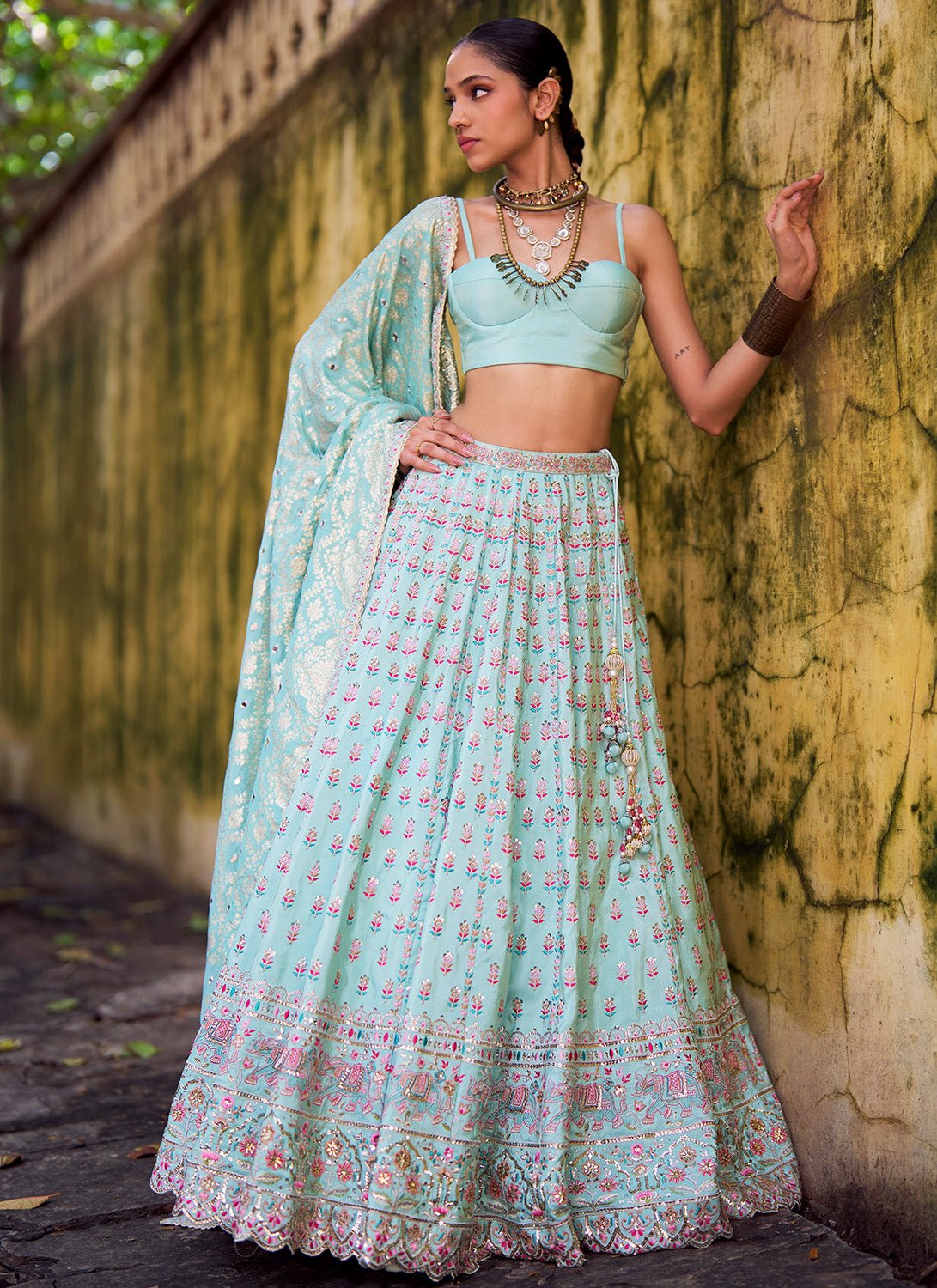 Mint Green Embroidered Lehenga - Lashkaraa