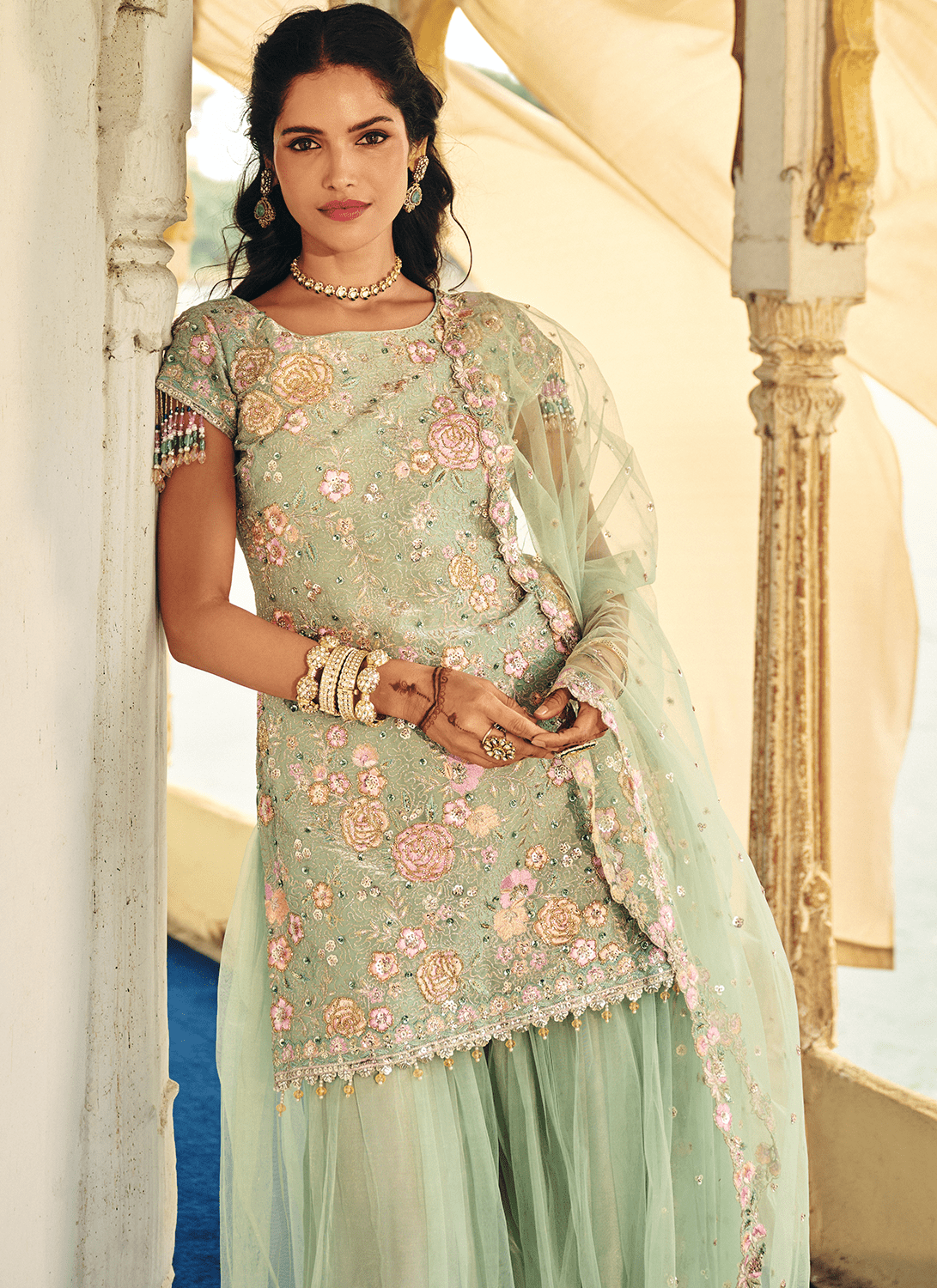 Mint Green Embroidered Organza Sharara - Lashkaraa