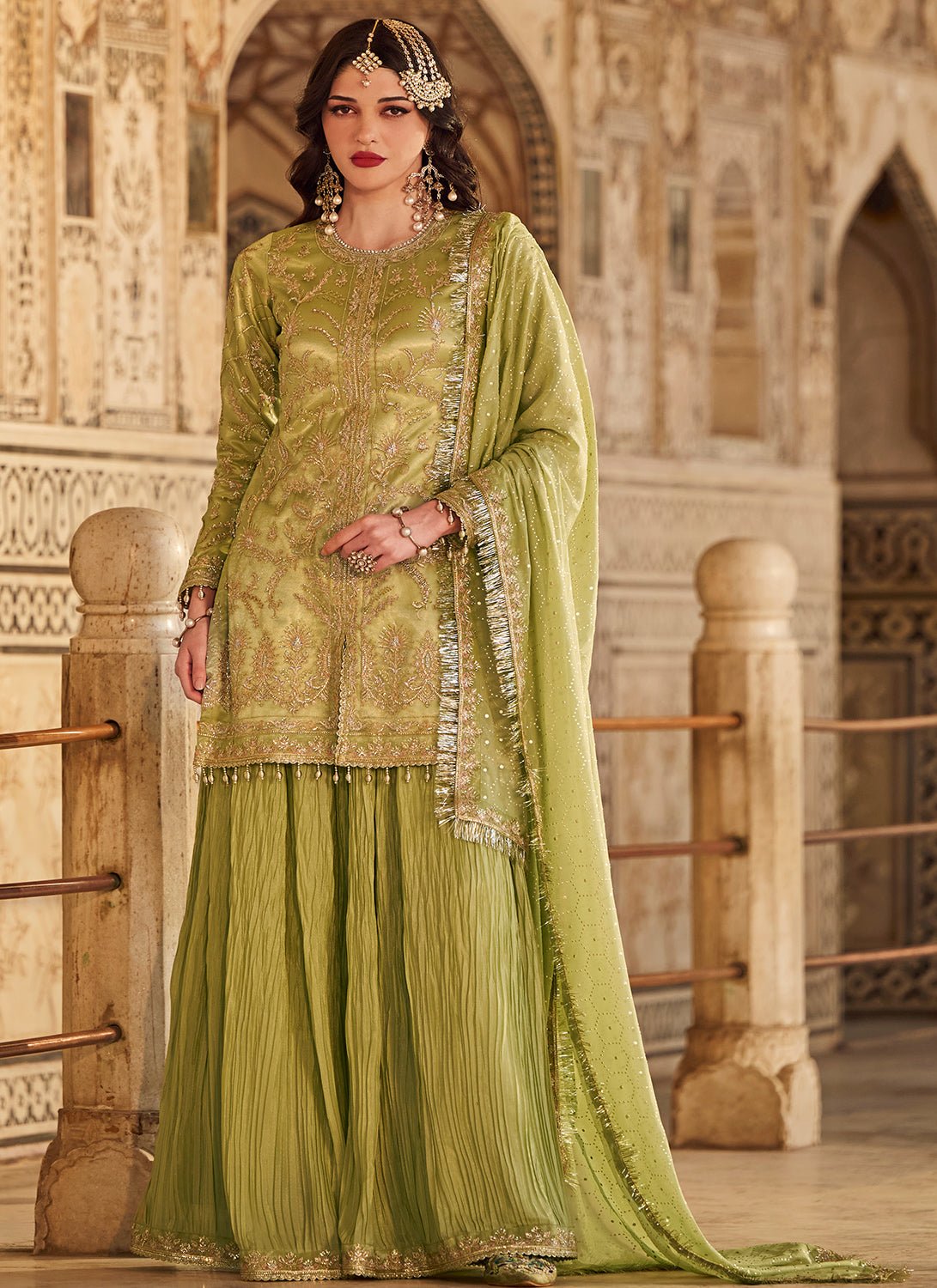 Mint Green Embroidered Sharara Suit - Lashkaraa