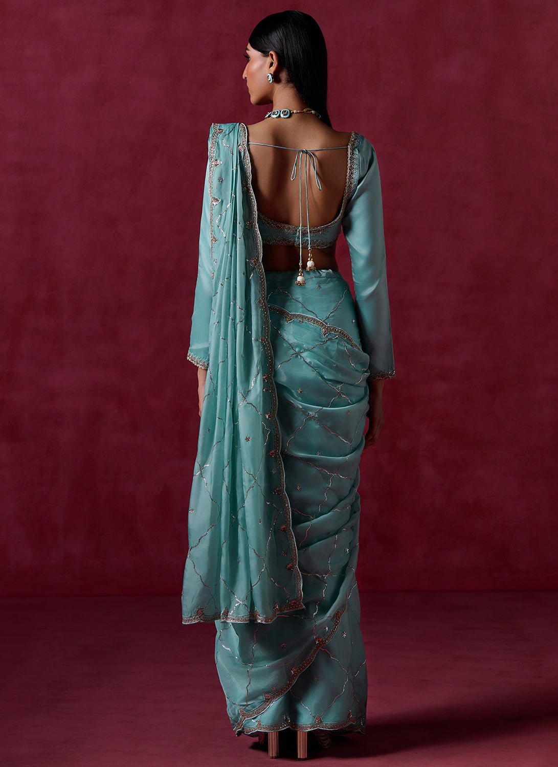 Mint Green Embroidered Silk Saree - Lashkaraa