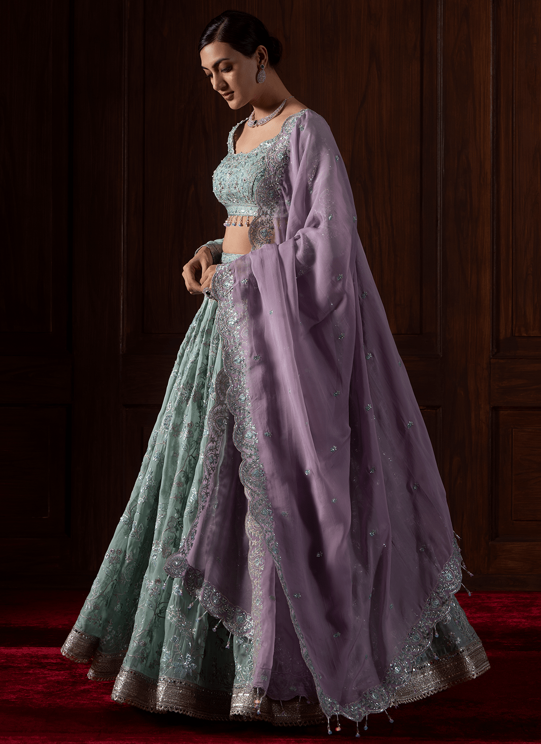 Mint Green Embroidered Viscose Organza Lehenga - Lashkaraa