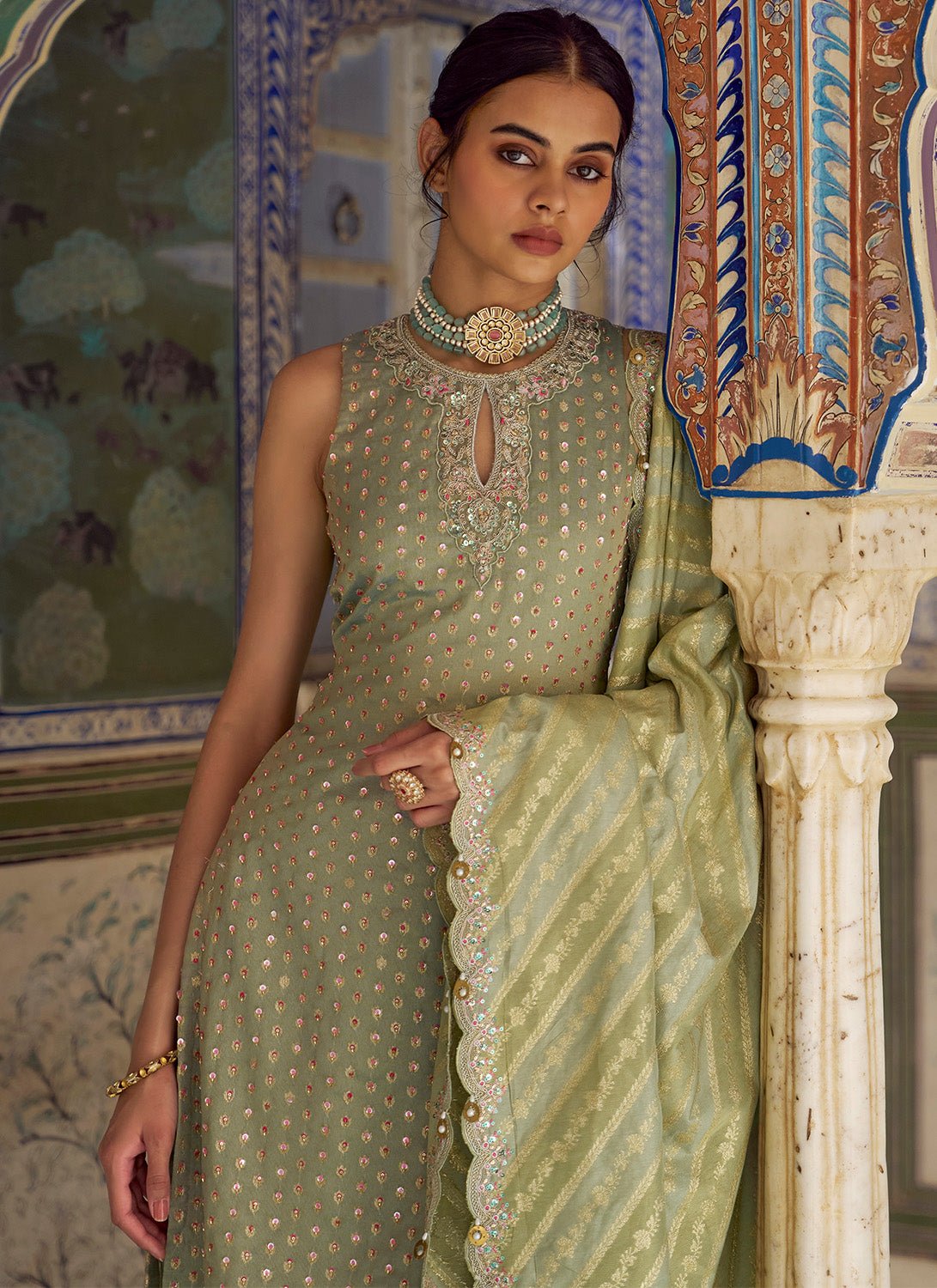 Mint Green Embroidered Viscose Tissue Palazzo Suit - Lashkaraa