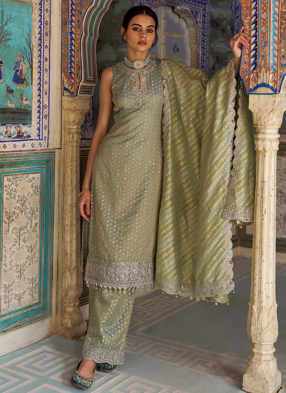 Mint Green Embroidered Viscose Tissue Palazzo Suit - Lashkaraa