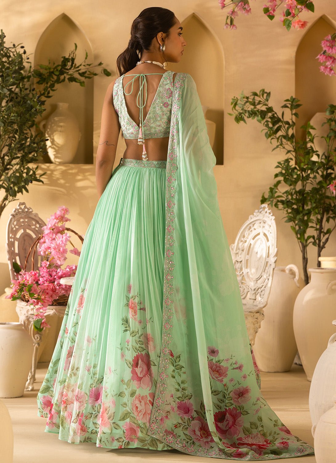Mint Green Floral Embroidered Organza Lehenga - Lashkaraa