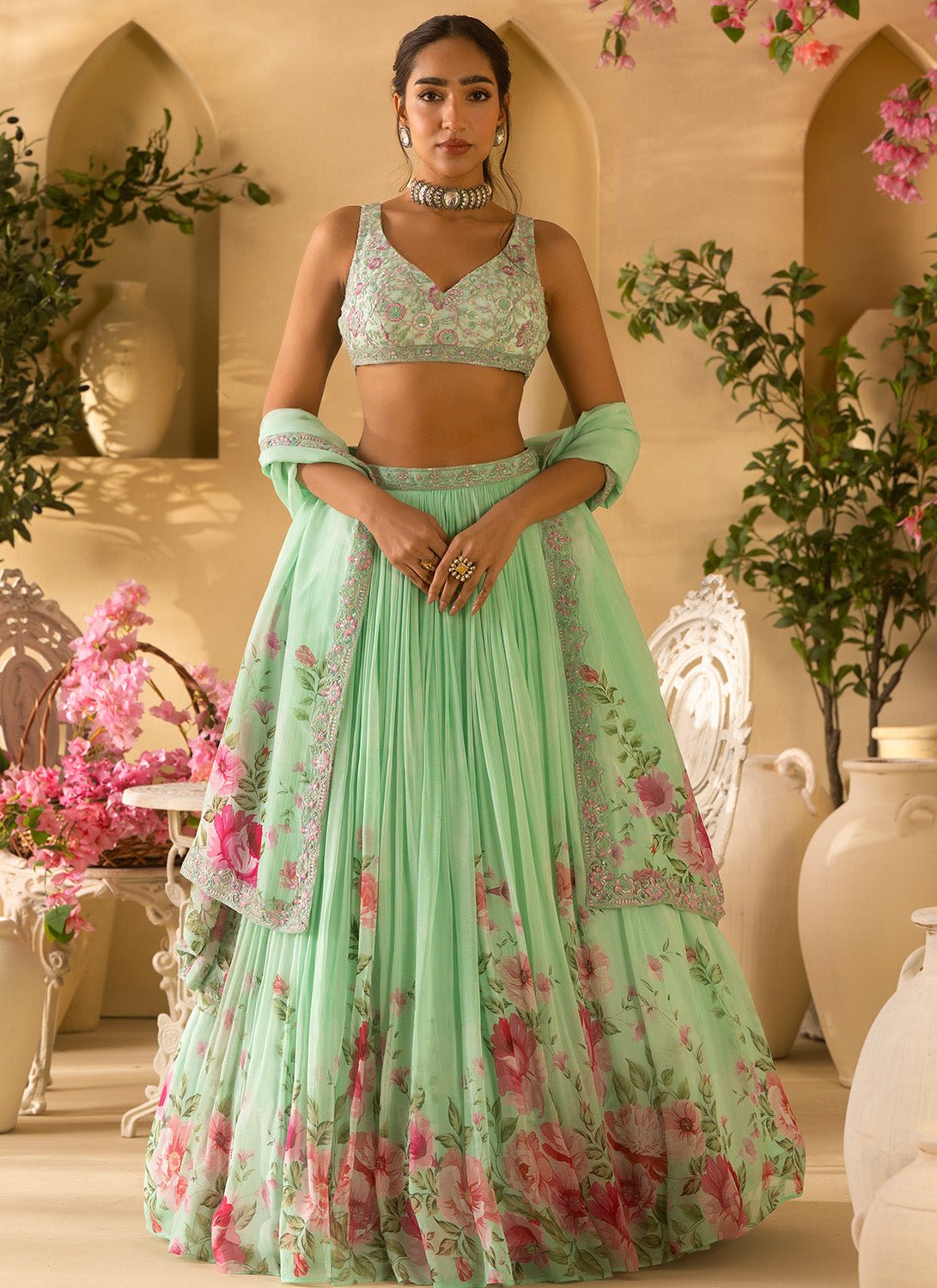 Mint Green Floral Embroidered Organza Lehenga - Lashkaraa