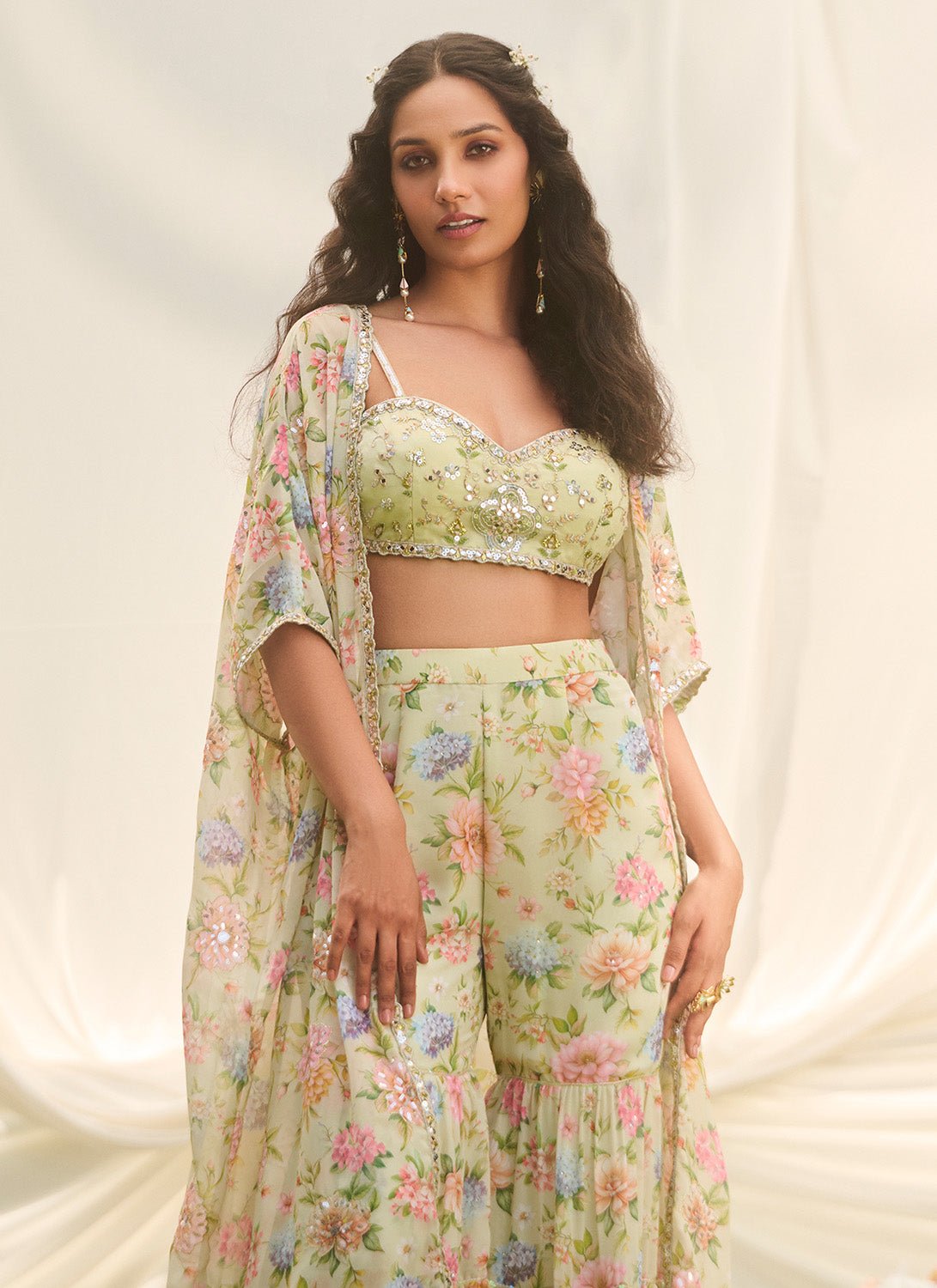 Mint Green Floral Embroidered Pant Set With Jacket - Lashkaraa
