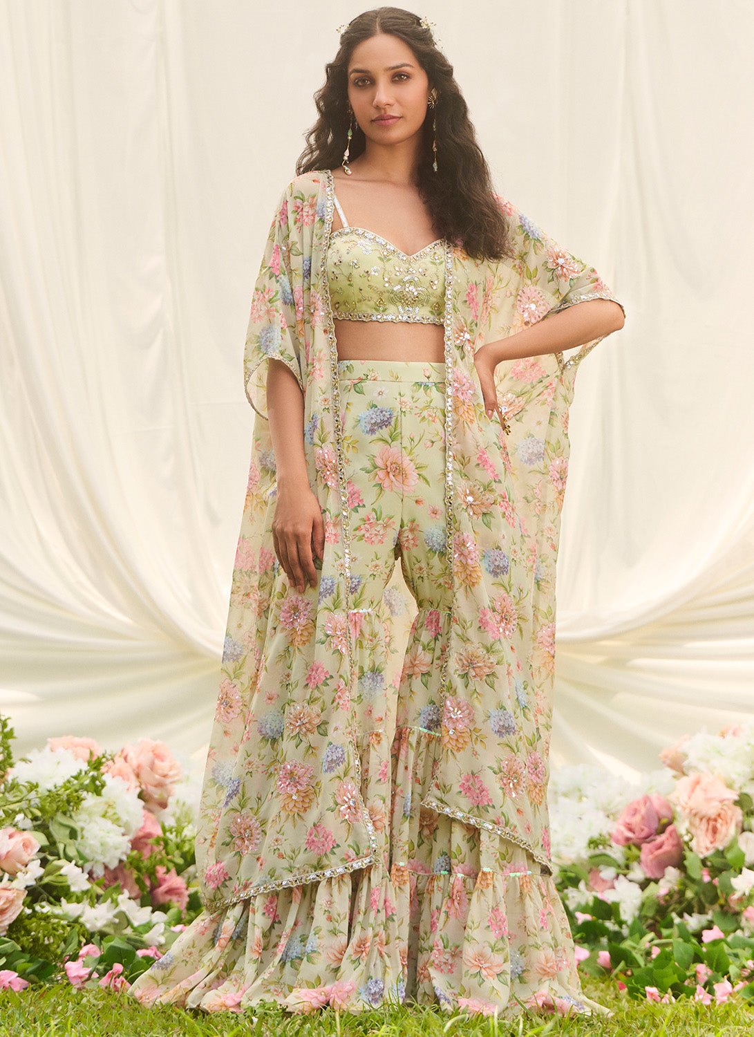 Mint Green Floral Embroidered Pant Set With Jacket - Lashkaraa