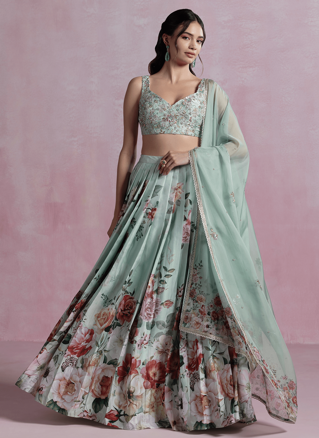 Mint Green Floral Printed Modal Satin Lehenga - Lashkaraa
