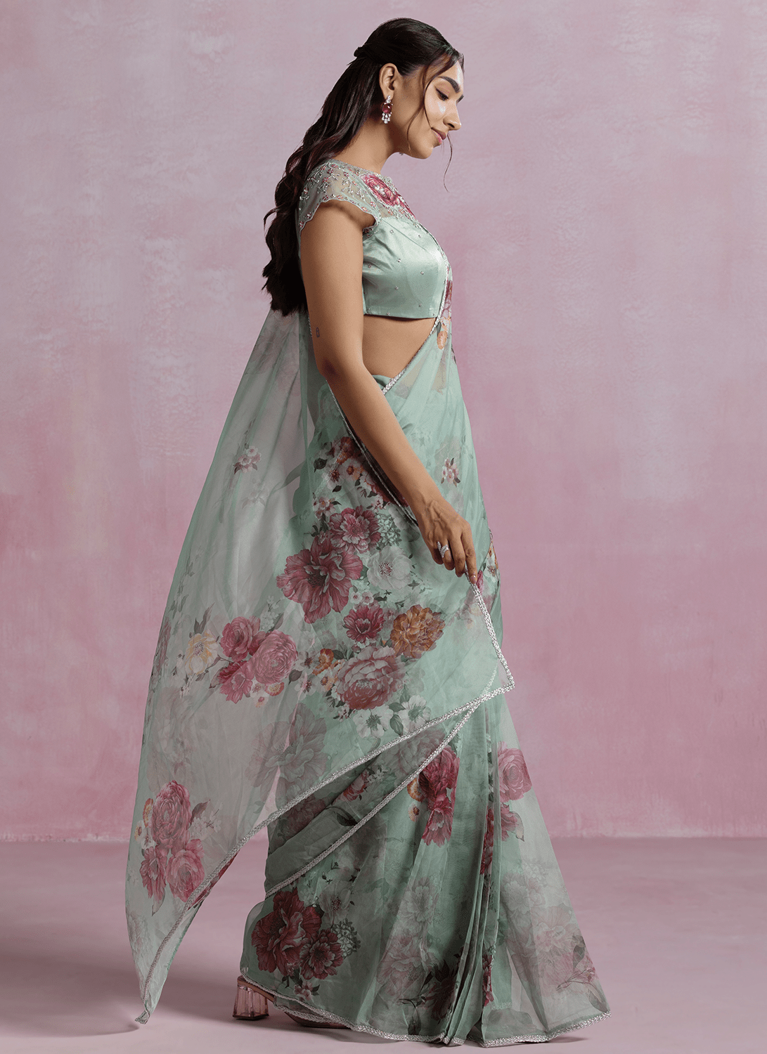 Mint Green Floral Printed Organza Saree - Lashkaraa